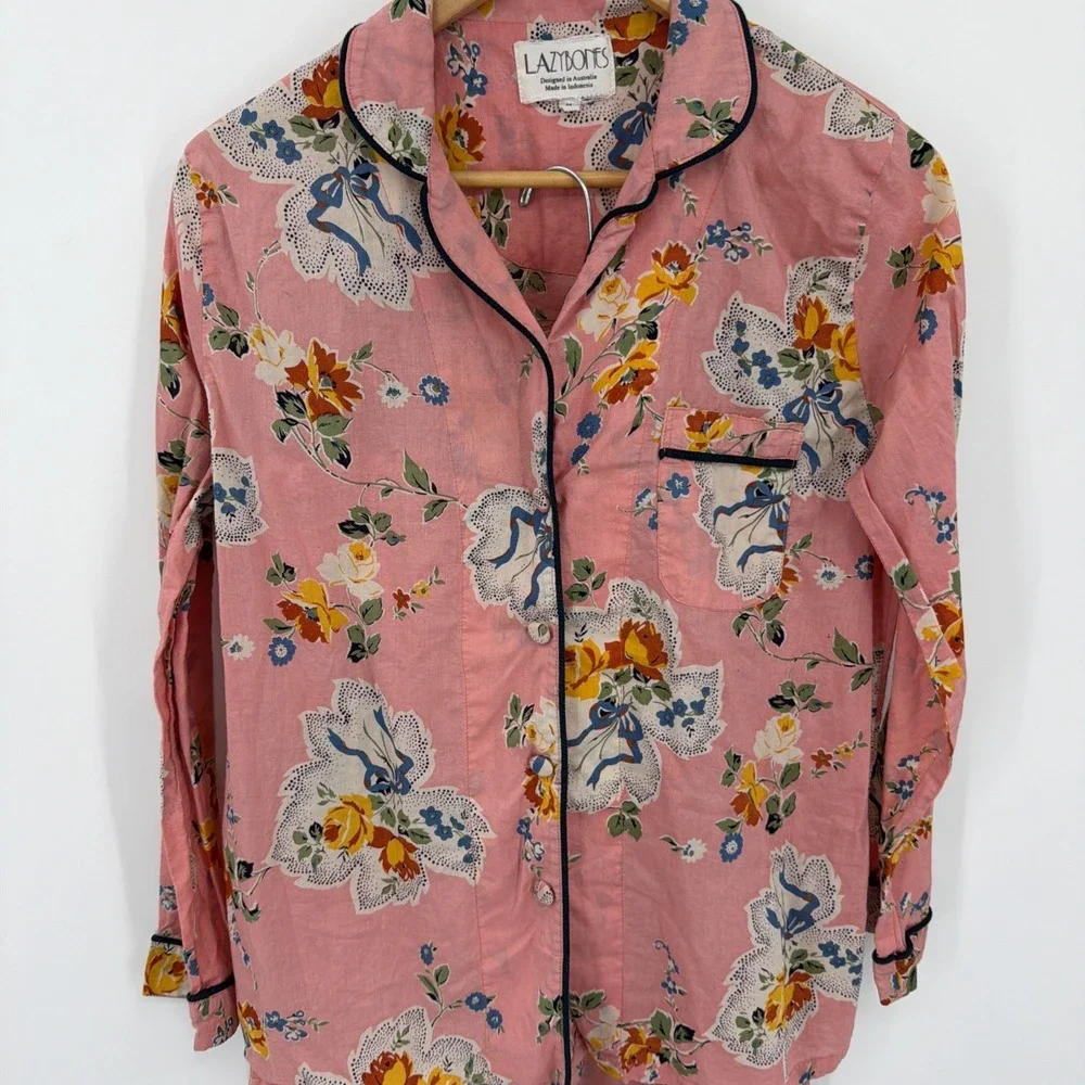 Lazybones Sz M Vtg Floral Pajama Set Pink Cottagecore Lounge Sleepwear Coquette